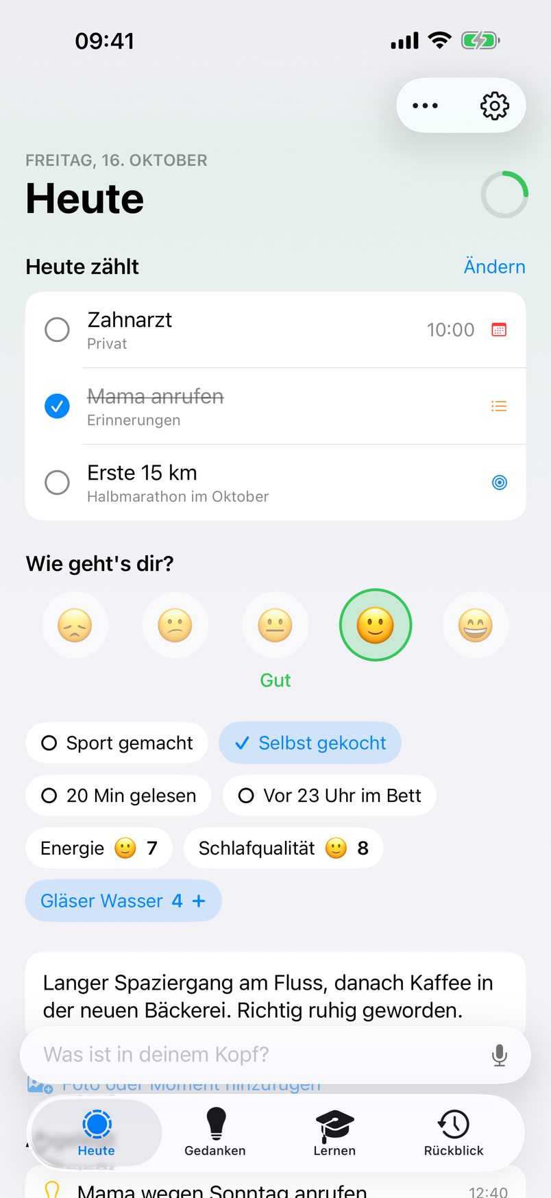 Full Circle: der heutige Tag mit „Heute zählt“, Stimmung und Trackern